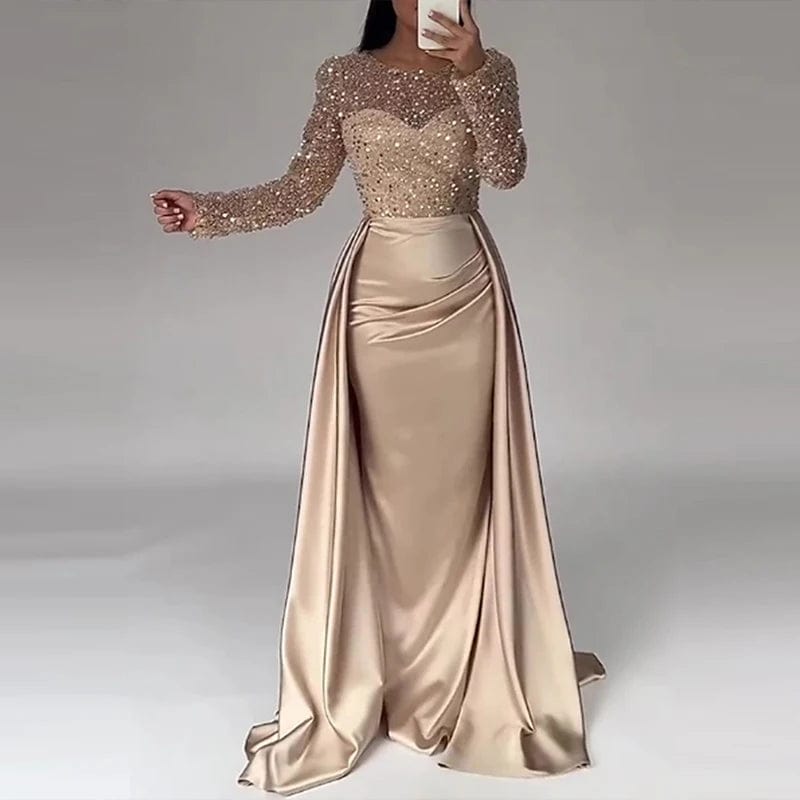 SHOWLU FASHION STORE 01 Gold / XXL Luxury Banquet Long Sleeve Sequins Evening Dress Temperament O Collar Prom Gown Chic Patchwork Slim Pleated 2025 New Year Dress