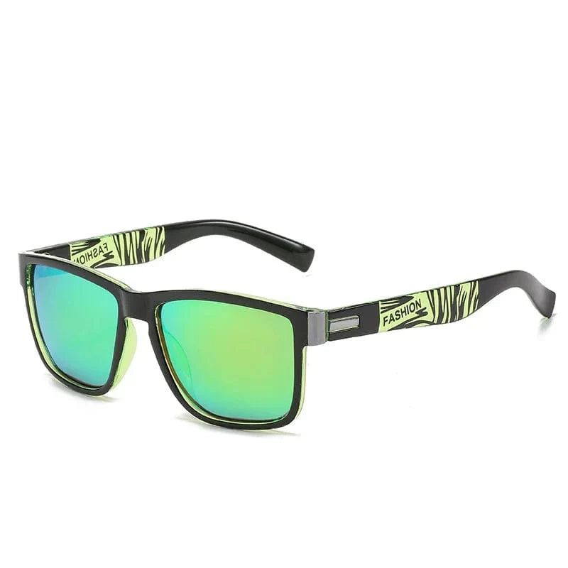 Showlu Fashion SKIG polarized square sunglasses in green multi with UV400 protection, vintage driving eyewear for men and women.