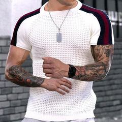 Showlu Fashion Store 01 White / S 2023 Spring Summer Short Sleeve Waffed Casual T-shirt Mens Clothes Fashion Striped Patchwork Tees For Men Leisre Loose Pullovers