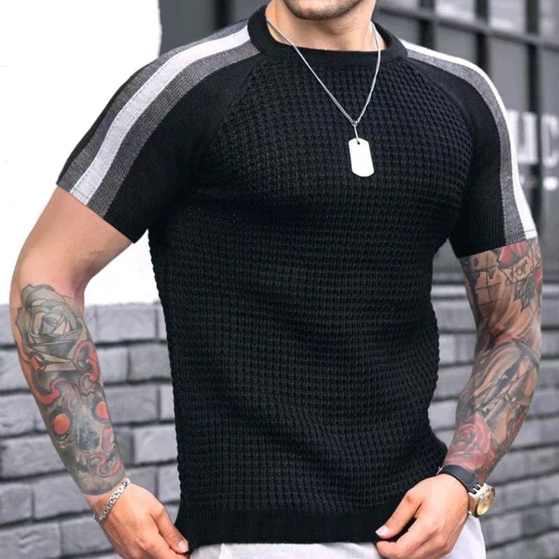 Showlu Fashion Store 02 Black / S 2023 Spring Summer Short Sleeve Waffed Casual T-shirt Mens Clothes Fashion Striped Patchwork Tees For Men Leisre Loose Pullovers