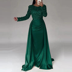 SHOWLU FASHION STORE 02 Green / XL Luxury Banquet Long Sleeve Sequins Evening Dress Temperament O Collar Prom Gown Chic Patchwork Slim Pleated 2025 New Year Dress