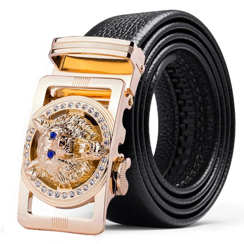  Showlu Fashion Store 021 / 120cm Genuine Leather Wolf belt for Men Polychrome rhinestone Alloy belt automatic buckle black Luxury Brand plus size Ceinture Homme