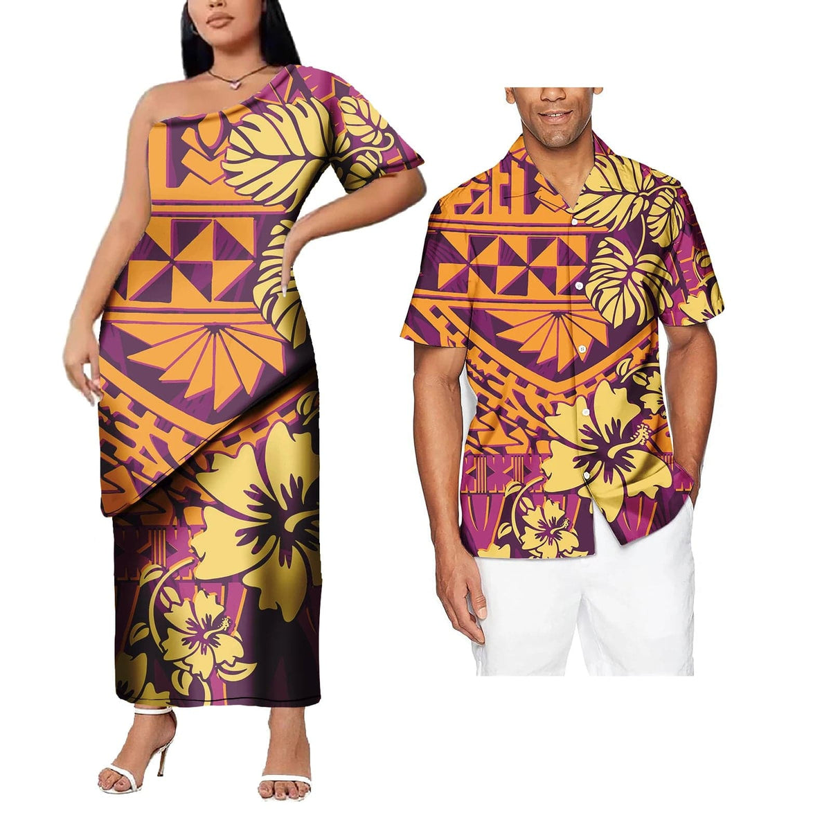 SHOWLU FASHION STORE 02175AA / Women-4XL New Design Polynesian Tattoo Print couple outfit sets For valentine's day Plus Size Women prom dresses Match Men Shirt