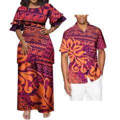 SHOWLU FASHION STORE 02284AA / Women-3XL Polynesian Hawaiian Samoan Tropical Floral His And Hers Match Clothes Tribal Print Dress Mens Shirt Matching Set Couple Clothing