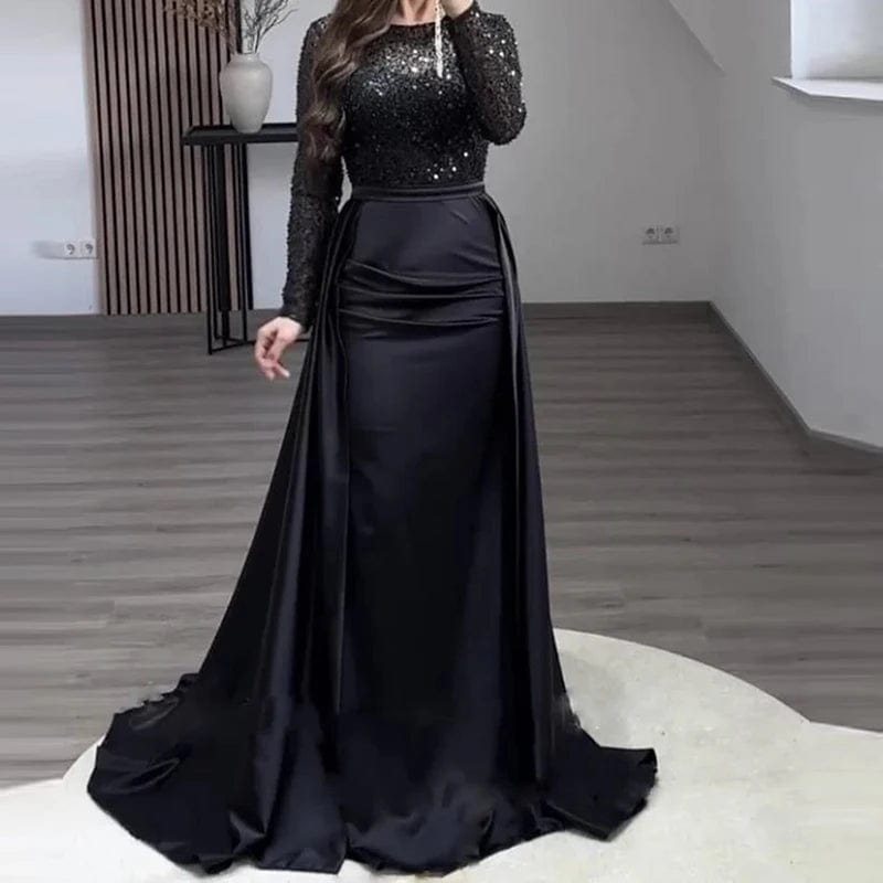 SHOWLU FASHION STORE 03 Black / L Luxury Banquet Long Sleeve Sequins Evening Dress Temperament O Collar Prom Gown Chic Patchwork Slim Pleated 2025 New Year Dress