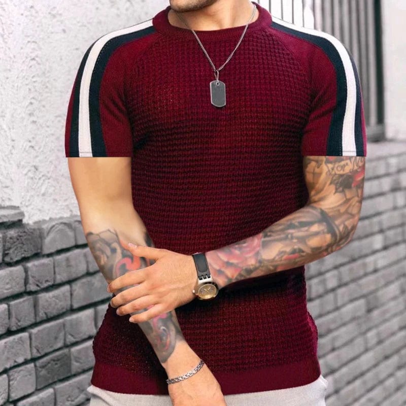 Showlu Fashion Store 03 Dark Red / S 2023 Spring Summer Short Sleeve Waffed Casual T-shirt Mens Clothes Fashion Striped Patchwork Tees For Men Leisre Loose Pullovers