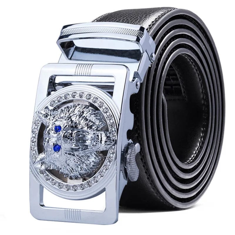  Showlu Fashion Store 031 / 120cm Genuine Leather Wolf belt for Men Polychrome rhinestone Alloy belt automatic buckle black Luxury Brand plus size Ceinture Homme