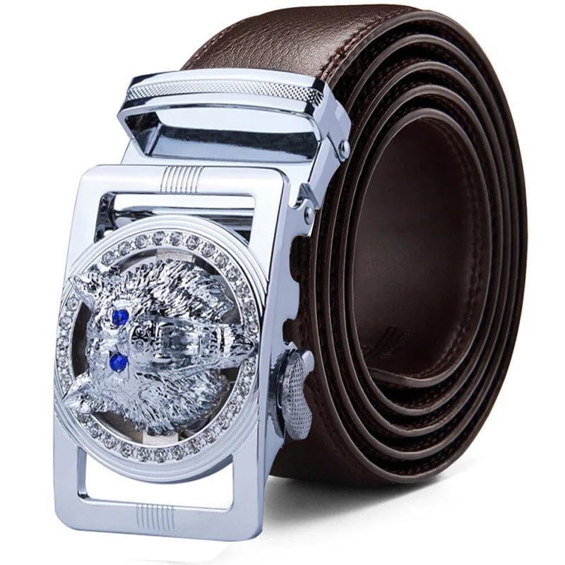  Showlu Fashion Store 032 / 105CM Genuine Leather Wolf belt for Men Polychrome rhinestone Alloy belt automatic buckle black Luxury Brand plus size Ceinture Homme