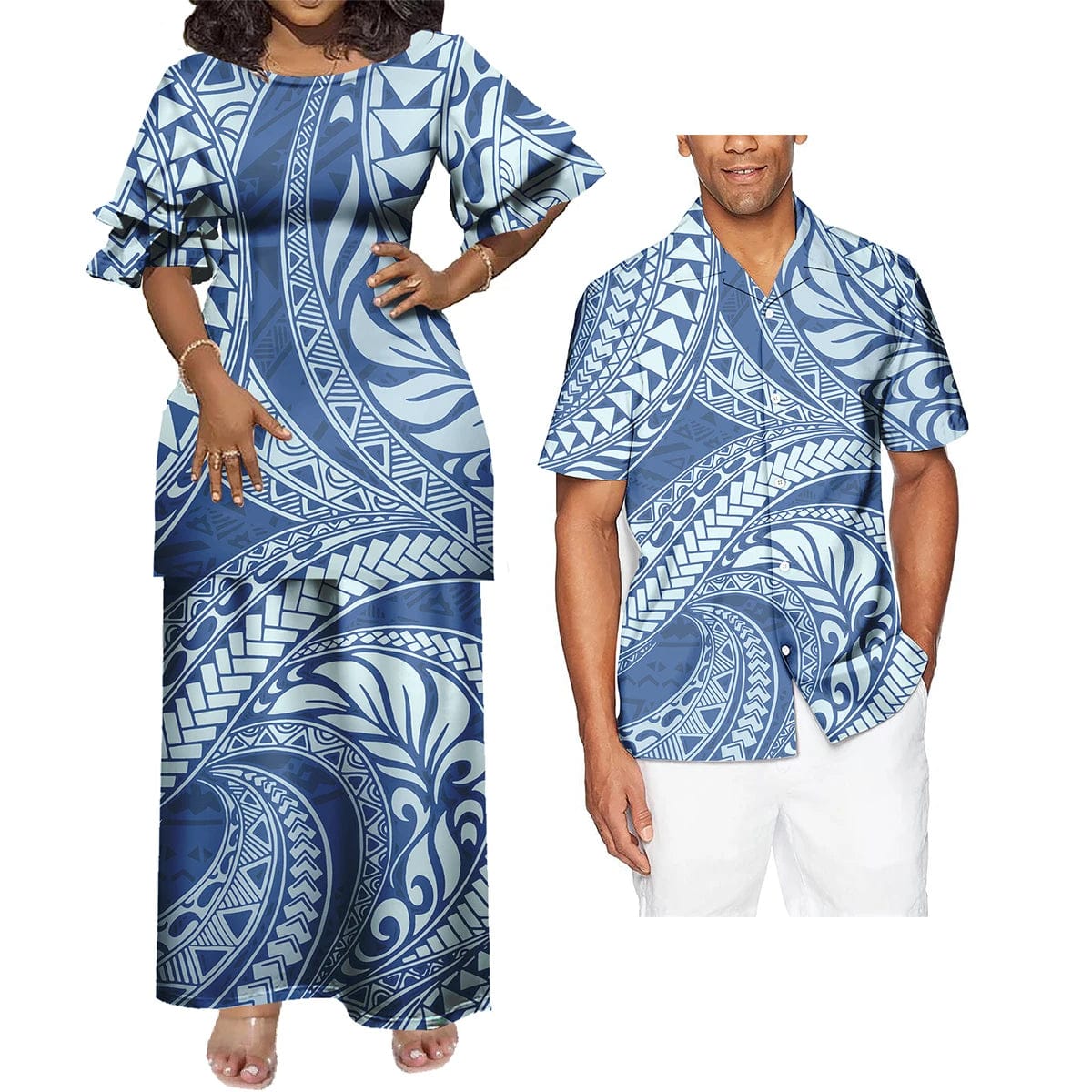 SHOWLU FASHION STORE 0378L / Men-4XL Couple 2 Pcs Set Clothing Floral Print Tribal Polynesian Custom  Women Long Evening Party Puletasi Dress Match Men Shirts