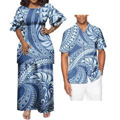 SHOWLU FASHION STORE 0378L / Men-4XL Couple 2 Pcs Set Clothing Floral Print Tribal Polynesian Custom  Women Long Evening Party Puletasi Dress Match Men Shirts