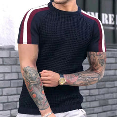 Showlu Fashion Store 04 Navy Blue / S 2023 Spring Summer Short Sleeve Waffed Casual T-shirt Mens Clothes Fashion Striped Patchwork Tees For Men Leisre Loose Pullovers