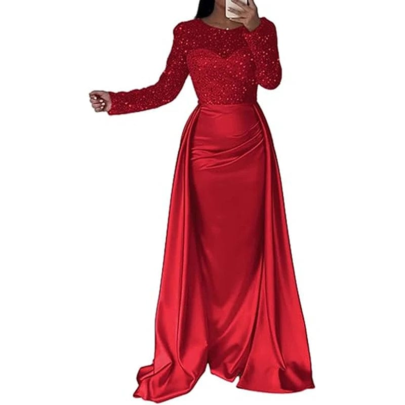 SHOWLU FASHION STORE 04 Red / S Luxury Banquet Long Sleeve Sequins Evening Dress Temperament O Collar Prom Gown Chic Patchwork Slim Pleated 2025 New Year Dress