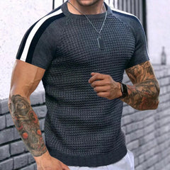 Showlu Fashion Store 05 Dark Gray / S 2023 Spring Summer Short Sleeve Waffed Casual T-shirt Mens Clothes Fashion Striped Patchwork Tees For Men Leisre Loose Pullovers