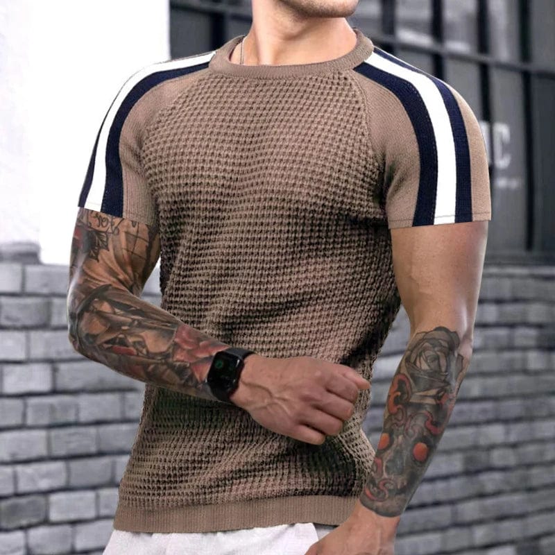 Showlu Fashion Store 06 Khaki / S 2023 Spring Summer Short Sleeve Waffed Casual T-shirt Mens Clothes Fashion Striped Patchwork Tees For Men Leisre Loose Pullovers