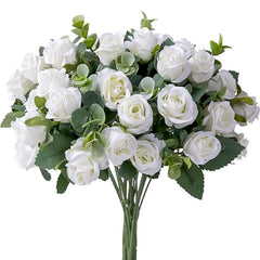 Showlu Fashion Store 1 10 Heads Artificial Flower Silk Rose white Eucalyptus leaves Peony Bouquet Fake Flower for Wedding Table Party Vase Home Decor