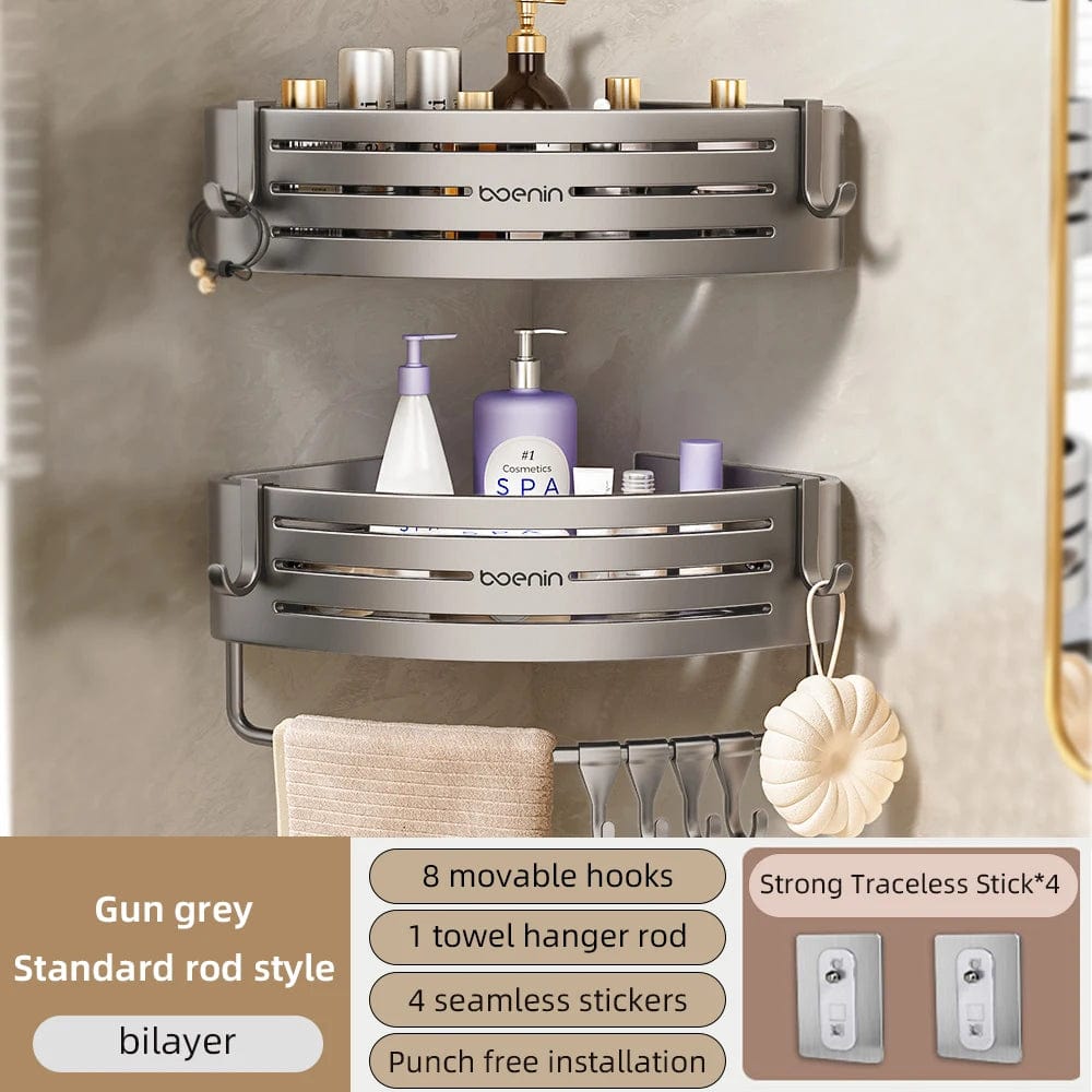 Showlu Fashion Store 1-2PCS Shower Corner Shelf with Towel Bar Hook Space Aluminum Bathroom Shelf Without Drilling Shampoo Holder Bathroom Accessorie