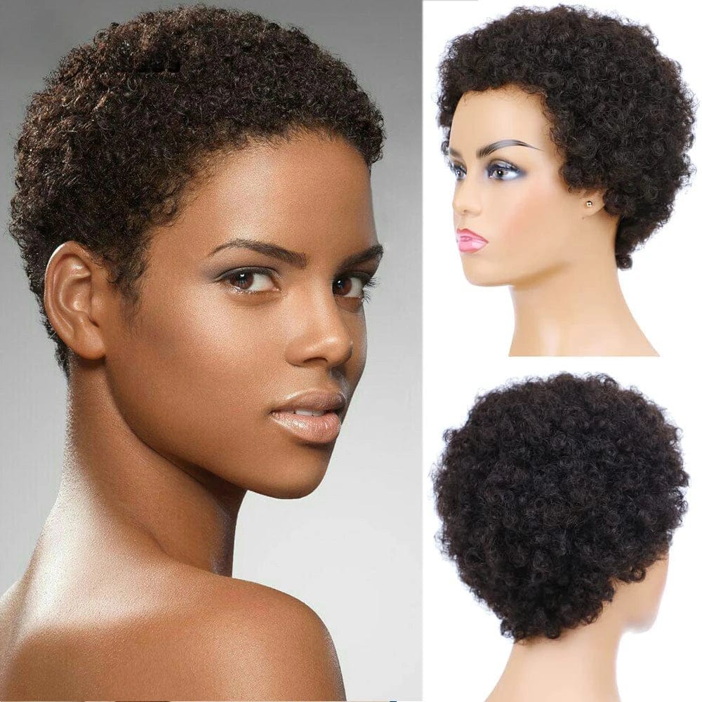 SHOWLU FASHION STORE #1 / 4inches Pixie Cut Wigs Brazilian Virgin Remy Human Hair Wig For Black Women Short Afro Kinky Curly Machine Made Wigs