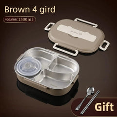  Showlu Fashion Store 1.5L Brown 4 gird Portable Lunch Box Insulated Lunchbox Office Worker Students Stainless Steel Sealed Bento Box Microwave Heating Food Container