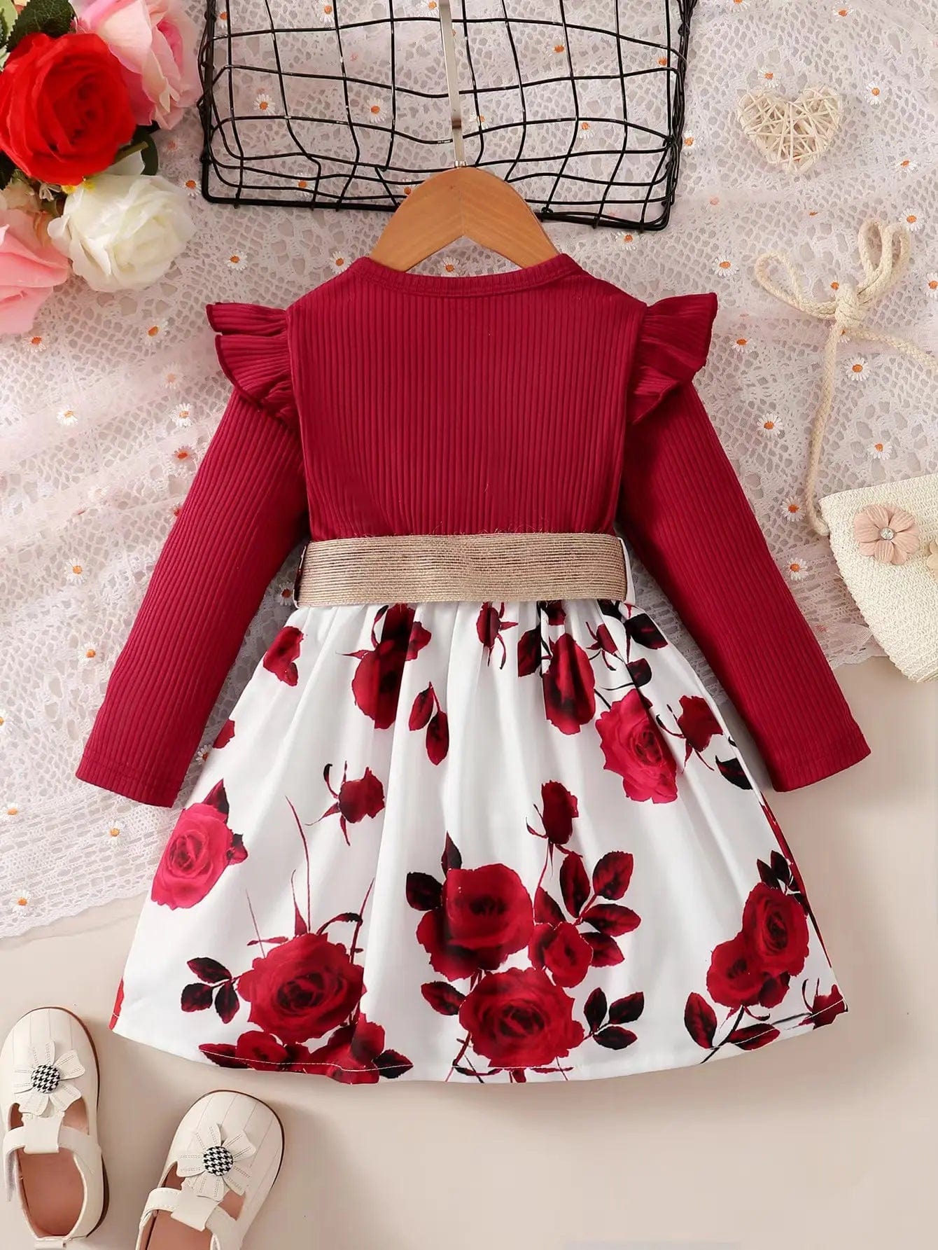 Showlu Fashion Store 1-7 Years Children Girls New Year Dress Red Long Sleeved Flower Skirt for Birthday Wedding Party Wear Fashion Autumn Outfits