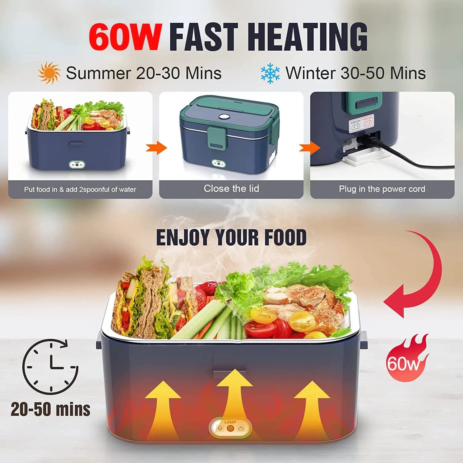 Showlu Fashion Store 1.8L Electric Lunch Box 60W Food Heated Portable Food Warmer Heater for Car/Truck/Home Heating Box with Insulated Box