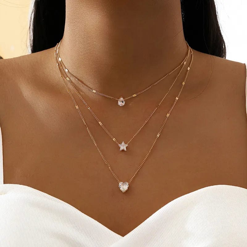  Showlu Fashion Store 1 Crystal Zircon Heart Star Charm Layered Pendant Necklace Set for Women Charms Fashion Square Rhinestone Female Vintage Jewelry