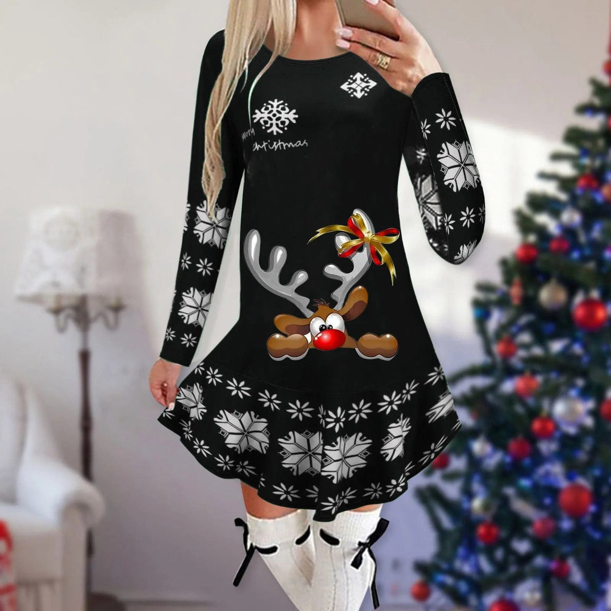 Showlu Fashion Store 1 / M Christmas Dresses for Women Elk Print Long Sleeve Mini Dress Autumn Winter Fashion Ladies Holiday Mini Dresses New Year 2024