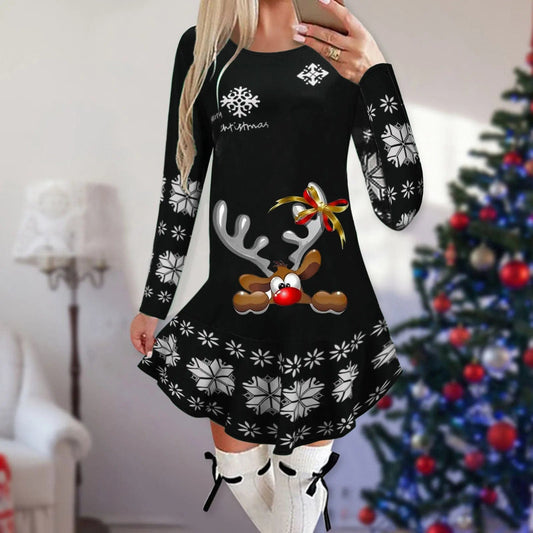 Showlu Fashion Store 1 / M Christmas Dresses for Women Elk Print Long Sleeve Mini Dress Autumn Winter Fashion Ladies Holiday Mini Dresses New Year 2024