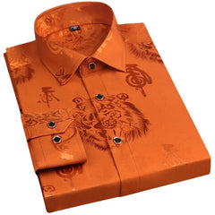  Showlu Fashion Store 1 / M Spring Men's Long-sleeved Shirt, Tiger Print Orange Lapel Single-breasted Top Hanfu  Slim Fit  Shirt Men  Japanese Fashion