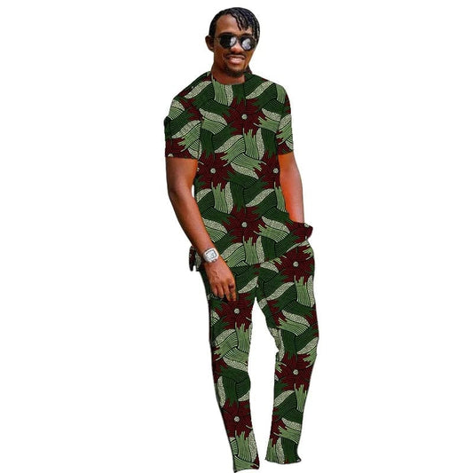  Showlu Fashion Store 1 / M Summer African Clothes Men Set Nigerian Style Tops With Pant Groom Suit Male Traditional Ankara Outfit