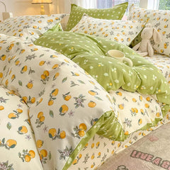 SHOWLU FASHION STORE 1 / Queen 200x230cm 100% Cotton Cartoon Orange Duvet Cover Twin Queen King Fresh Citrus Fruit Comforter Cover with 2 Pillowcase Kawaii Bedding Set