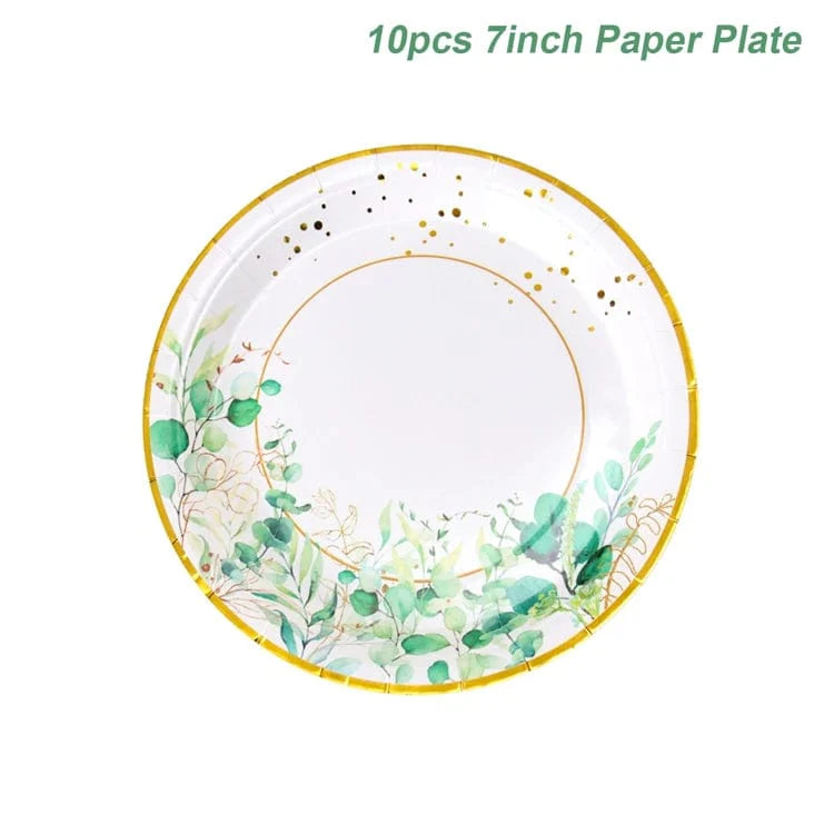 Sage green and gold disposable tableware set with paper plates, cups, and napkins for wedding or party decor.