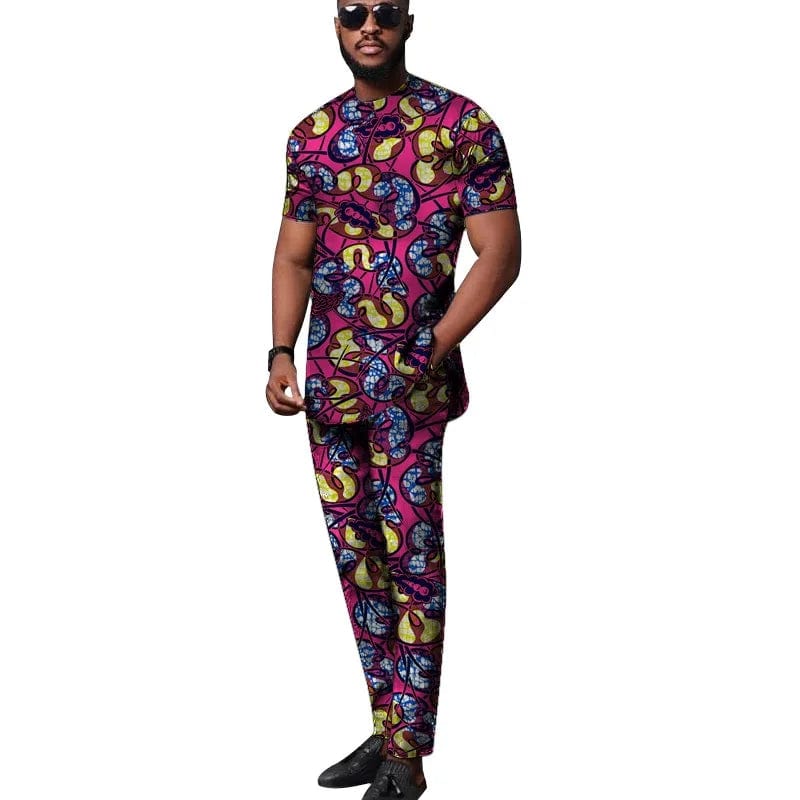 Showlu Fashion Store 1 / XL African Tops+Elastic Waist Trousers Male Groom Suit Nigerian Fashion Short Sleeves Men's Sets Party Wear