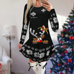 Showlu Fashion Store 1 / XL Christmas Dresses for Women Elk Print Long Sleeve Mini Dress Autumn Winter Fashion Ladies Holiday Mini Dresses New Year 2024