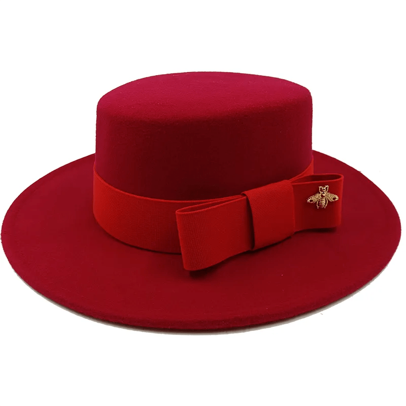 Showlu Fashion Store 10 / 56-58cm / China Bow Tie Fedora Hat Winter Round Bumpy Surface Flat Top Bow Tie Elastic Band Men's and Women's Red Jazz Hat Fedora