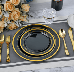 Showlu Fashion Store 黑底金边+10号刀叉勺+9OZ各25 175 PCs Export Tableware Disposable Golden Edge Plate Wine Glass Knife, Fork and Spoon Hard Plastic Rose Gold Hollow Plate Set