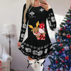  Showlu Fashion Store 10 / M Christmas Dresses for Women Elk Print Long Sleeve Mini Dress Autumn Winter Fashion Ladies Holiday Mini Dresses New Year 2024