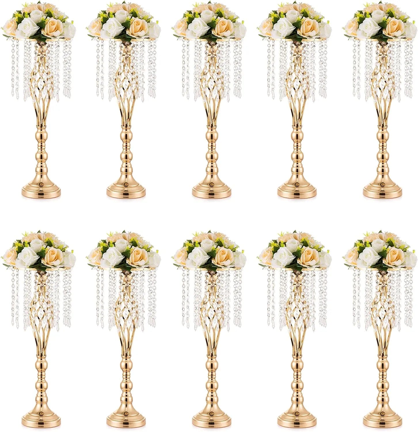 Showlu Fashion Store 10 Pcs Gold Vase for Wedding Centerpieces  Table Decorations with Chandelier Crystals,  Flower Vase, Wedding Metal Flower Stand