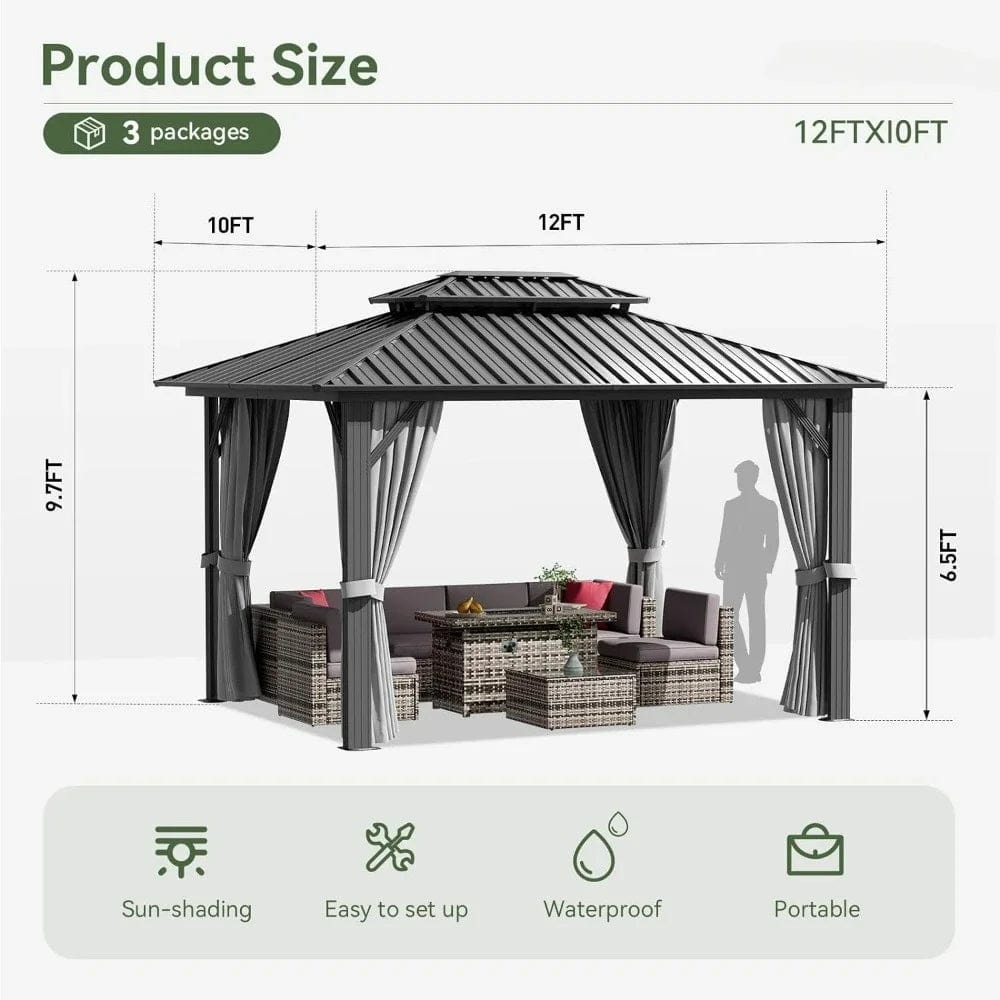 Showlu Fashion Store 10'x12' Hardtop Gazebo, Aluminum Frame Canopy with Double Galvanized Steel Roof, Outdoor Metal Pavilion with Netting, Curtains