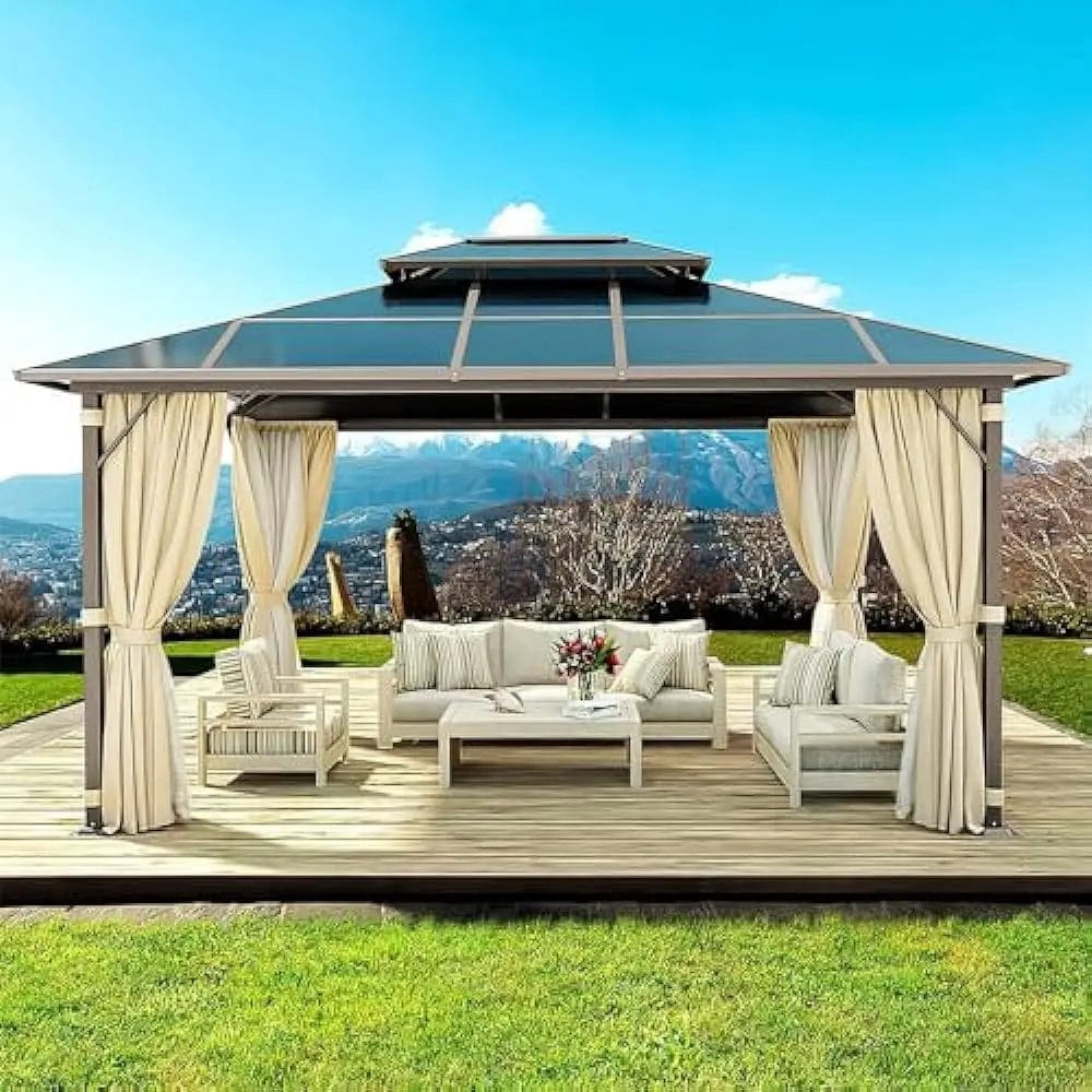 Showlu Fashion Store 10 x13 / United States 12'x16' Outdoor Gazebo, with Curtains and Netting, Outdoors Polycarbonate Double Roof Canopy, More Durable, Outdoor Gazebo