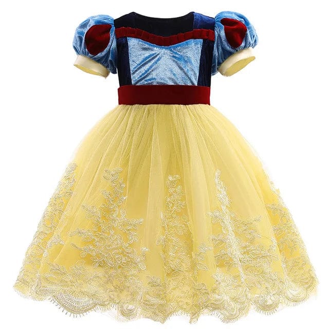 Velvet Snow White princess dress for girls, birthday party costume with bow, perfect for kids' festive celebrations and dress-up fun.