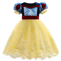 A Snow White princess dress with a blue velvet bodice, puff sleeves, and a yellow tulle skirt.