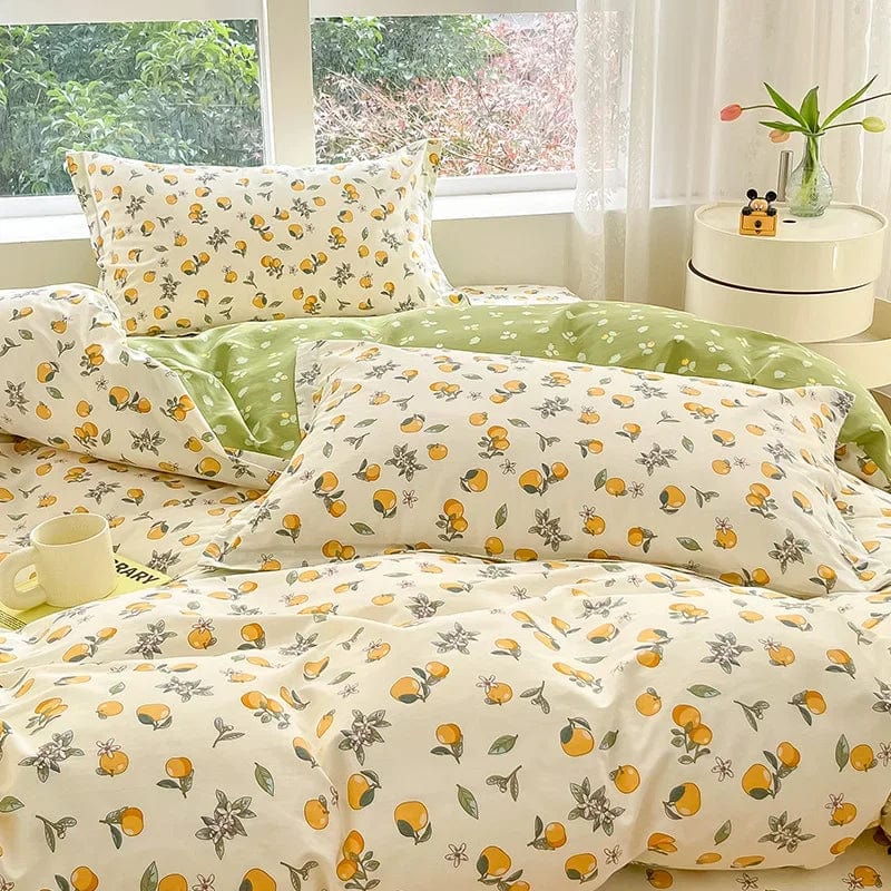 SHOWLU FASHION STORE 100% Cotton Cartoon Orange Duvet Cover Twin Queen King Fresh Citrus Fruit Comforter Cover with 2 Pillowcase Kawaii Bedding Set