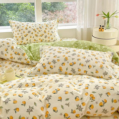 SHOWLU FASHION STORE 100% Cotton Cartoon Orange Duvet Cover Twin Queen King Fresh Citrus Fruit Comforter Cover with 2 Pillowcase Kawaii Bedding Set