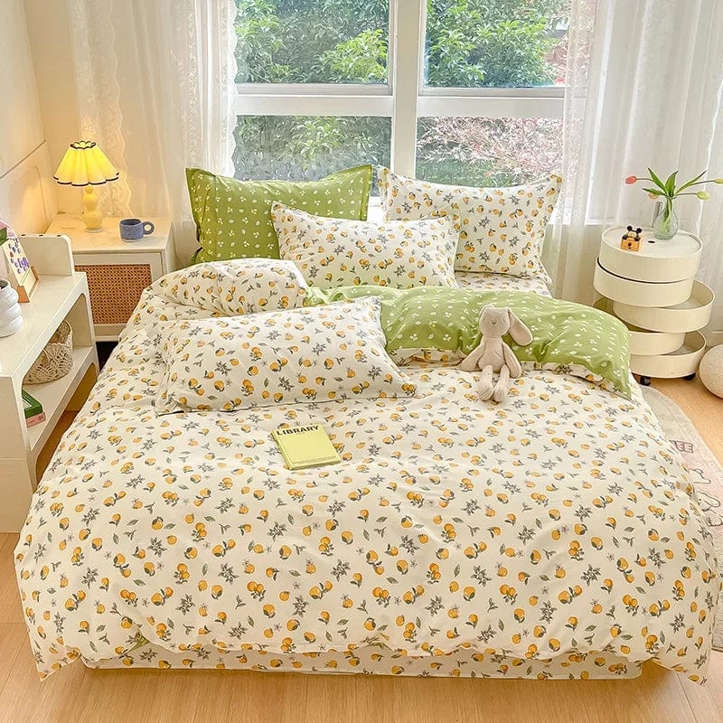 SHOWLU FASHION STORE 100% Cotton Cartoon Orange Duvet Cover Twin Queen King Fresh Citrus Fruit Comforter Cover with 2 Pillowcase Kawaii Bedding Set