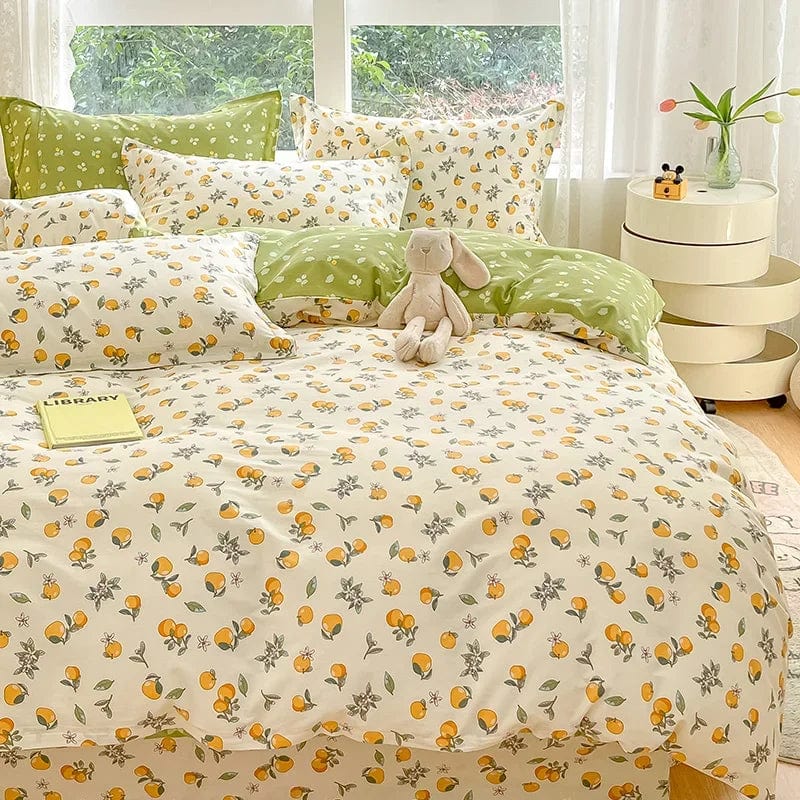 SHOWLU FASHION STORE 100% Cotton Cartoon Orange Duvet Cover Twin Queen King Fresh Citrus Fruit Comforter Cover with 2 Pillowcase Kawaii Bedding Set