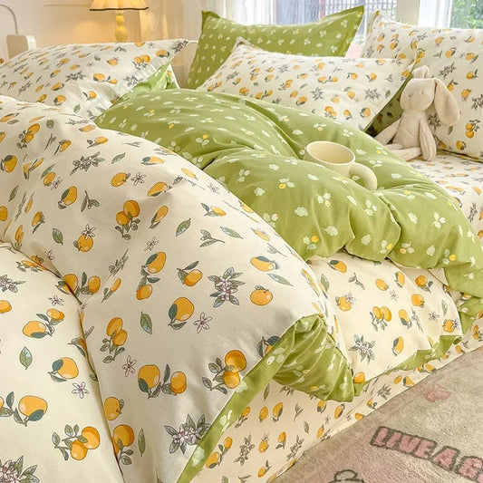 SHOWLU FASHION STORE 100% Cotton Cartoon Orange Duvet Cover Twin Queen King Fresh Citrus Fruit Comforter Cover with 2 Pillowcase Kawaii Bedding Set