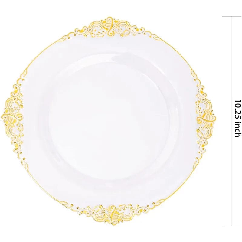 Showlu Fashion Store 100 Pieces Rose Gold Plastic Plates - Rose Gold Disposable Plates - 10.25inch White Plastic Dinner Plates With Rose Gold Rim