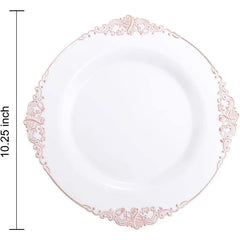 Showlu Fashion Store 100 Pieces Rose Gold Plastic Plates - Rose Gold Disposable Plates - 10.25inch White Plastic Dinner Plates With Rose Gold Rim