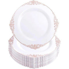 Showlu Fashion Store 100 Pieces Rose Gold Plastic Plates - Rose Gold Disposable Plates - 10.25inch White Plastic Dinner Plates With Rose Gold Rim