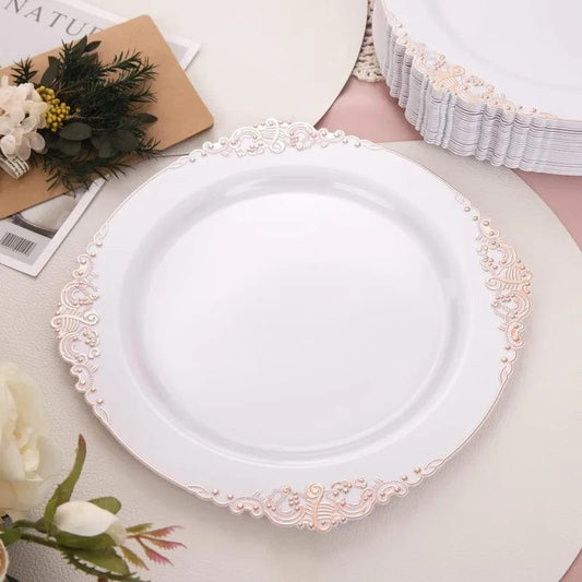 Showlu Fashion Store 100 Pieces Rose Gold Plastic Plates - Rose Gold Disposable Plates - 10.25inch White Plastic Dinner Plates With Rose Gold Rim